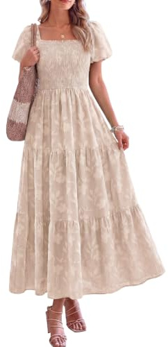 PRETTYGARDEN Women's 2026 Summer Boho Maxi Dresses Floral Short Sleeve Square Neck Smocked Flowy Long Dress Vacation Outfits
