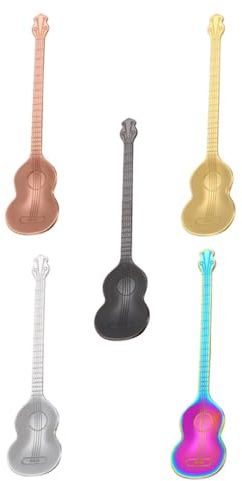 TOBBOMEY Lot de 5 Cuillères à Dessert en Acier Inoxydable 304 Forme Guitare Colorée Cuillères de Restaurant et Café Polyvalentes Adaptées pour Pâtisserie Thé et Boissons Design