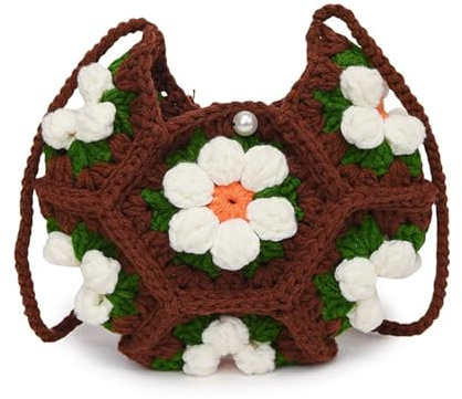 EWUHYFP Borsa A Tracolla Da Donna Lavorata A Maglia Borsa a tracolla monospalla con fiore gonfio tridimensionale, a mezzaluna, realizzata a mano(Brown)