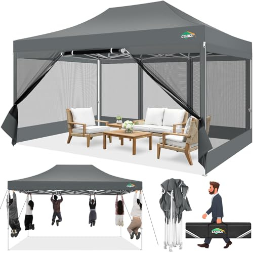 COBIZI Pavillon 3x4.5m Faltpavillon 3x4.5m Wasserdicht Stabil, Pop up Pavillon Faltbar, Partyzelt Gartenpavillon, Pavillion Klappbar UV-Schutz mit 4 Seitenwänden aus Mesh, Grau