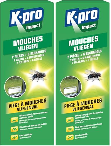 K.PRO Vert - Pièges à Mouches - Efficace : jusqu'à 75% des Mouches sont capturées en 48 Heures - Pièges discrets - 2 pièges + 6 recharges (Lot de 2)
