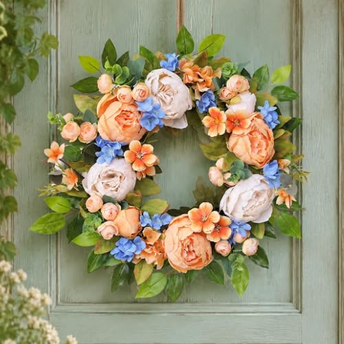 Artificial Flower Wreath for Front Door, 16 Inch Spring Summer Floral Wreath, UV Resistant Outdoor Wreath with Greenery for Home Wall Window Decor (Pink/Multicolor) (Style D)