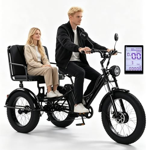 Triciclo elettrico da 24 con pneumatici larghi, per adulti e anziani, telaio in acciaio al carbonio, autonomia di 65 km, con cestino, display LCD, clacson, faro a LED, colore nero.