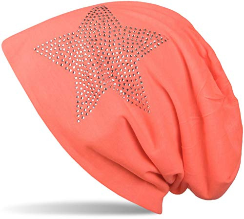 styleBREAKER Damen Beanie Strass Stern Baumwollmix 59cm | Slouch Design. Glitzer Applikation. Bundweite 26cm. Höhe 26cm. elastisch. weiche Haptik. Einheitsgröße.
