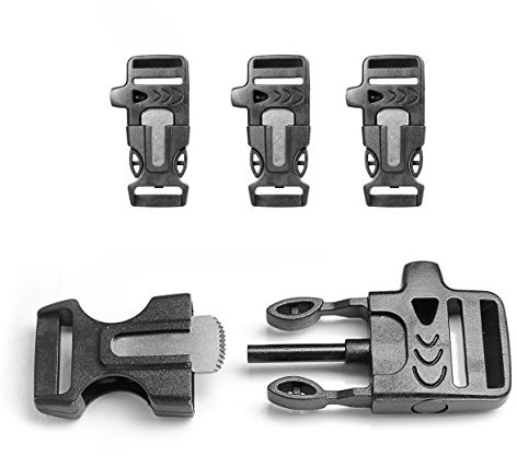 Ganzoo 3er Set Klickverschluss aus Kunststoff 3/4 Zoll in schwarz, Steckschnalle/Steckschließer für Paracord-Armbänder, Gurte und Halsbänder, mit Signalpfeife, Feuerstarter und Metallblatt