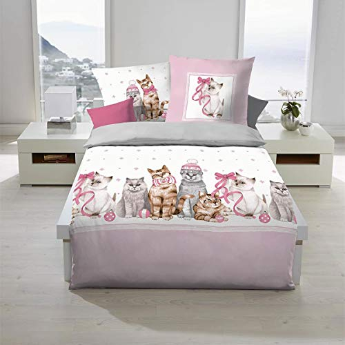 Traumschlaf kuschelig weiche Biber Bettwäsche Weihnachtskatzen Rose aus 100% Baumwolle ideal für den Winter mit Reißverschluss 135x200 cm + 80x80 cm