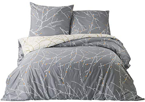 BEDSURE Bettwäsche 155x220 Baumwolle Grau - Bettwäsche-Sets 155 x 220 cm Bettbezug 3teilig mit 2 Kissenbezüge 80x80 cm, ÖKO-TEX Wendebettwäsche Bedding Zweige Muster mit Reißverschluss