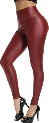 FITTOO Women High Waisted Faux PU Leather Leggings Stretchy Slim Fit Trousers, M, Purplish Red