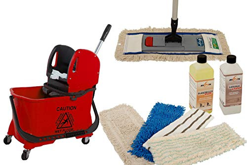 Axis Line Wischmopp-Komplettset 10-Teilig, Reinigungswagen & 4 Mops | Bodenwischer Set mit Magnetklapphalter, 24L Fahrwagen, Presse sowie Reinigungsmittel für Fliesen, Parkett und Laminat.