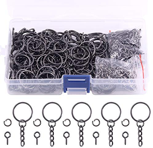 Swpeet Kit de 450 llaveros de bronce de 20 mm, incluye 150 llaveros con cadena y 150 anillos de salto con 150 pasadores de ojo de tornillo a granel para hacer joyas (20 mm, negro pistola)
