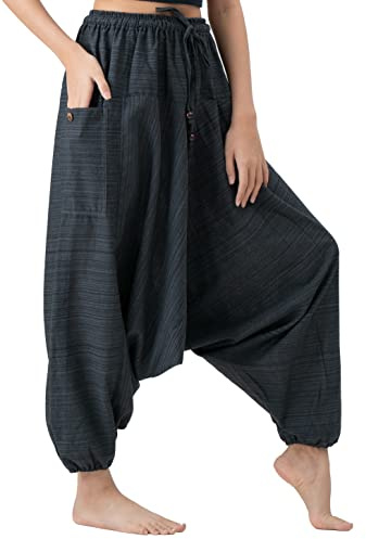 B BANGKOK PANTS Harem Pants Women Boho Cotton (Black, One Size)