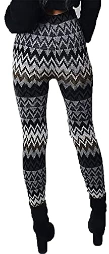 FAIRY TRENDZ LTD Dam full längd stickade leggings damer jul vinter snö mode Facncy byxor, Sicksack stickad grå/svart/vit, 38 SE
