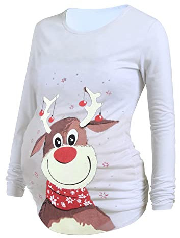 DAY8 Vêtement Femme Enceinte Hiver Pas Cher a la Mode Pull Femme Enceinte Noël Atuomne Chemise Femme Enceinte Manche Longue Printemps Maternité T Shirt Grossesse Tunique Haut Tops Blouse (L, Blanc)