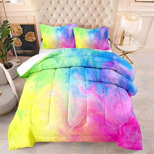 BSNTHO Rainbow Girls Comforter Set Tie Dye Kids Bedding Set Twin Size 3Pcs Rainbow Watercolor Comforter Colorful Pastel Duvet Quilt Toddler for All Season Lightweight