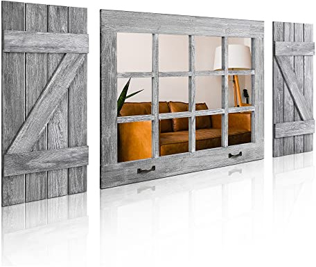Besuerte Farmhouse Mirrors for Wall Decor, Heavy Duty Upgraded Real Glass Window Pane Mirror Wall Decor with One Window Mirror & Two Shutters, Rustic Grey