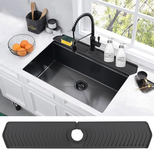 30 inch Kitchen Splash Guard for Sink, Silicone Kitchen Sink Faucet Mat, Sink Splash Guard Behind Faucet, Drip Protector Splash Countertop, Faucet Handle Drip Catcher Tray for Kitchen, Bathroom(Black)