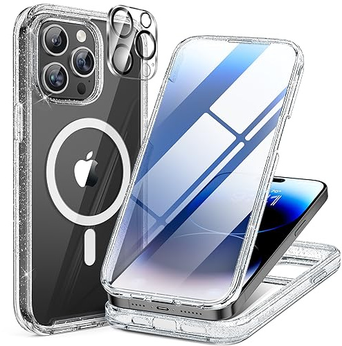 Miracase Magnetic for iPhone 15 Pro Max Case, Full Protection,Clear Glitter | [Built-in 9H Tempered Glass Screen Protector + Camera Lens Protector] Compatible with MagSafe, Military Grade Drop Proof 6.7