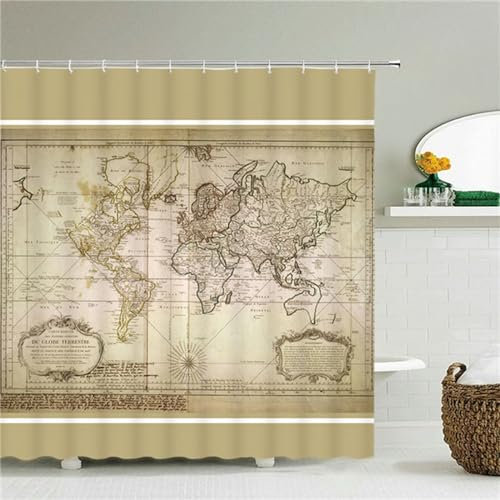 Guofuos Duschvorhang Vintage Seekarte 180x120cm Duschvorhäng Anti Schimmel,Wasserabweisend Stoff Duschrollo Waschbar,3D Draussen Bad Vorhang Schnell Trocknend,Badewanne Badezimmer Decor Vorhänge