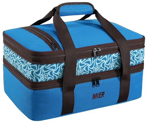 MIER Insulated Double Casserole Carrier Bag Thermal Lunch Tote for Lasagna Lugger, Potluck Parties, Picnic, Beach, Fits 9 x 13 Inches Baking Dish, Casserole Dish, Expandable by Mid Zipper, Blue