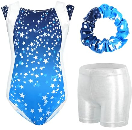 Gogokids, Conjunto de gimnasia para niña de tres piezas, body sin mangas, pantalones cortos y diadema, traje de ballet brillante, con diseño de colores degradados, de 3 a 12 años, Estrella azul, 110