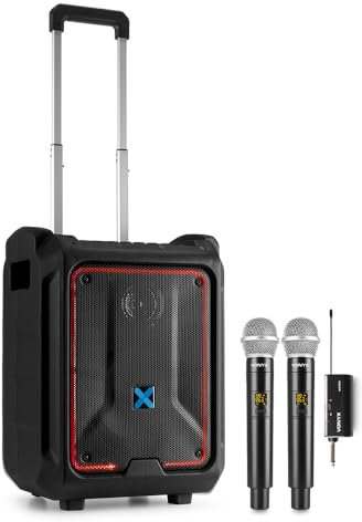 VONYX SPLASH300 Weatherproof Portable PA Speaker System with Dual Wireless Microphones, Bluetooth, LED Lights, Trolly Handle and Wheels - 200W