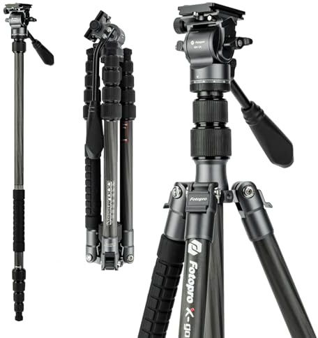 Fotopro 59 Carbon Fiber Travel Tripod, Compact Video Tripods with Fluid Head, Detachable Monopod with Quick Release Plate and Bag, Camera Tripod Load up to 8KG/17.63lbs X-go E2 Video Grey