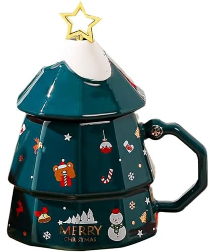 MAGICVOGEL Keramik Weihnachtstasse Niedliche 3D Weihnachtsbaum Form Kaffeebecher Weihnachtsbecher mit Rührstab Süße Kaffeetasse Geschenk für Weihnachten Geburtstag Neujahr (Grün)