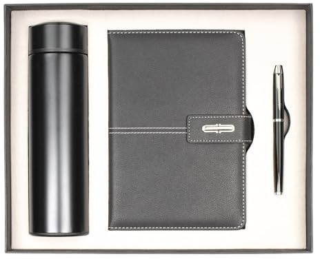 Shadow Breeze A5 Leather Notebook, Insulated Thermos and Executive Pen Gift Set in Premium Gift Box, 172 Pages 100GSM Ruled Pages, 12 oz, Great Gift for Business, School, Home (Black)
