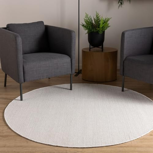 Interiyou handgewebter Baumwollteppich Riga - 120x120 cm Rund Weiß - Handwebteppich für Wohnzimmer, Schlafzimmer - 100% Handarbeit Naturfaser Teppich Flachgewebe