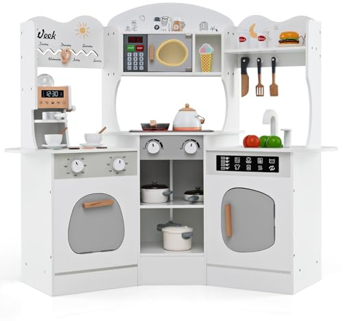 Costzon Corner Play Kitchen, Wooden Kids Kitchen Playset with Lights & Sound, Coffee Maker, Washing Machine, Oven, Microwave, Toddler Toy Kitchen for Pretend Play, Gift for Boys Girls 3+ (White)