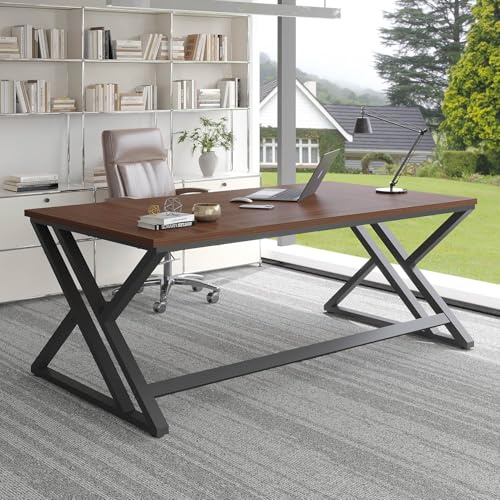 LVB Schreibtisch 180x80 cm für 2 Personen HomeOffice Wohnzimmer Walnuss | Computertisch mit Holz Metall, Konferenztisch, PC Gaming Tisch mit Großer Tischfläche und Fußleiste, für Büro