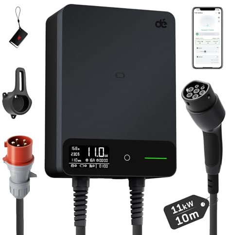 dé Wallbox 11kW mit APP RFID, 10m, §14a EnWG, EV Ladestation, Schwarz | Typ 2 mit Kabelhalter, 3-Phasen (6-16A, 400V), für BEV/PHEV, RCD Type A 30mA AC + 6mA DC & IP54-Schutz