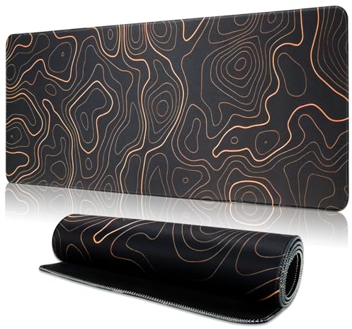 TOPWAYS Musmatta Stor skrivbordsmatta spelmusmatta tangentbordsmatta utökad lång för tangentbord och mus 800 x 300 x 3 mm (svart topografisk orange)