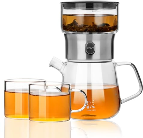 ZENS Modern Teekanne Glas mit Sieb, One-Touch Teezubereiter für Losen Tee mit 2 Tassen, Tea Maker Set for Tee Zubereitung, Magic Teapot, Teeservice Geschenke für Teeliebhaber
