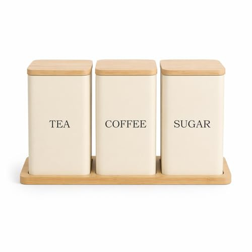 EHC Tea, Coffee, Sugar, Canister Set, Storage Canister Set with Tray - Easy to Open Airtight Lids - Storage Tea, Sugar, & Coffee - Set of 3 Canisters, Cream