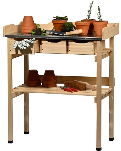 dobar® Pflanztisch mit 3 Schubladen und Ablageboden - Blumentisch aus Massivholz mit Schutzkappen - Gartentisch Outdoor mit verzinkter Arbeitsplatte - 78 x 38 x 88 cm - Natur