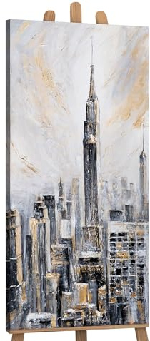 YS-Art Gemälde Stadt Kunst Bilder schwarz weiß mit gold akzenten auf Leinwand handgemalt der Wandbild Wandgestaltung Wohnzimmer modernes Wohndekor 115x50 cm