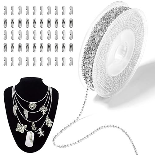 JDCMEI 10m Catena a Palline in Acciaio Inossidabile, Diametro 2,4 mm Catena a Sfere, Argento Catena Rullo con 50 Connettori Corrispondenti per Produzione Fai Da Te, Collane, Bracciali, Portachiavi