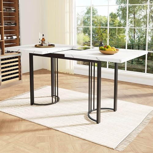 Lahoomu Ausziehbarer Esstisch Teleskoptisch(140-179.5×80cm), Platzsparender Küchentisch, Weiß & Schwarz, Gestell aus Metall Rechteckiger,Esszimmer Wohnzimmer