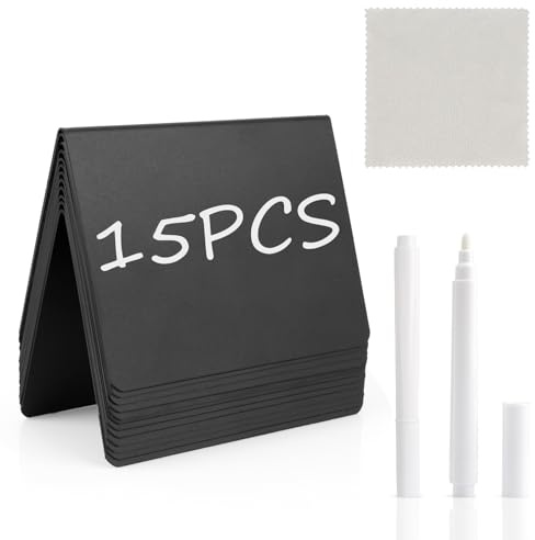 15Pcs Mini Chalkboard Signs Food Labels for Buffet Reserved Table Signs with 2 Pens + Cleaning Cloth Reusable 10x7.5cm Mini Chalk Boards Message Board for Display Price Tags