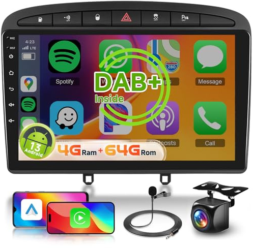 【8 Cœur 4+64G】 Hodozzy Carplay Dab+/Dab Autoradio pour Peugeot 308/408 2010-2013, 9 Pouces Ecran Tactile Android Autoradio avec Android Auto/WiFi/GPS/RDS/HiFi/Bluetooth/USB+Camera de Recul