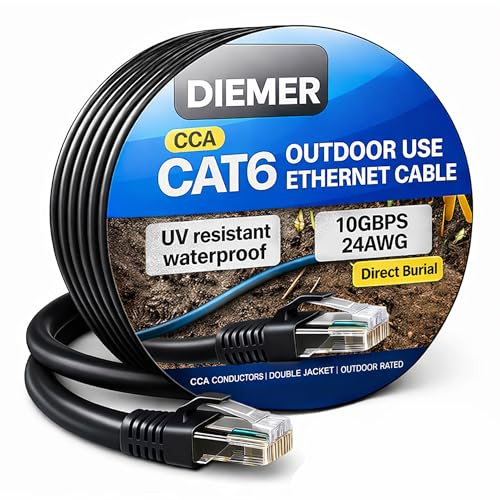 Diemer Outdoor Cat 6 Ethernet Cable 20m – Weatherproof Direct Burial Double Jacket Cable with LLDPE & PVC – 24AWG CCA UTP, 10Gbps High-Speed Gigabit Network Lead – Includes 20 Cable Ties – Black