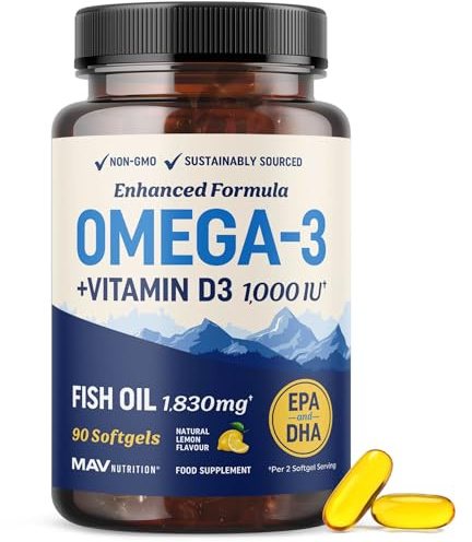 Omega 3 Fish Oil with Vitamin D3 | 1280MG Omega-3 + 1000IU VIT D3 for Heart, Immune & Bone Health Support | EPA DHA Omega 3 Supplement | Sustainably Sourced, Non-GMO Fish Oil Vitamin D | 90 Softgels
