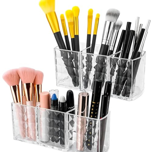 HingtTraum 2er Set Make-up Organizer aus Acryl, Transparent, 3 Fächer | 2 transparente Acryl-Organizer mit 3 Fächern für Pinsel, Mascara, Lippenstift und Kosmetik im Bad oder am Schminktisch.
