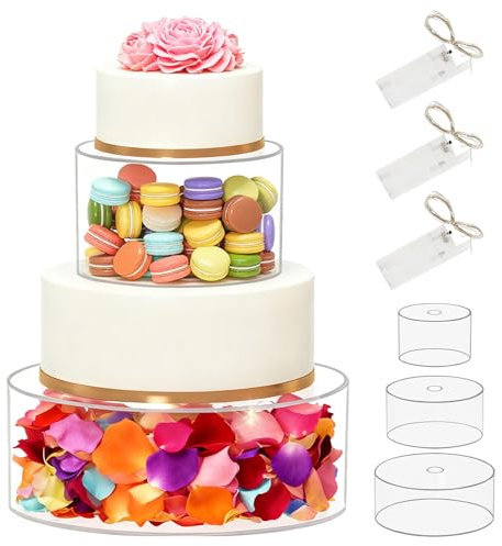 Acrylic Cake Stand Fillable, Clear Cake Riser with String Light, Decorative Cake Display Tier, Transparent Stackable Centerpiece Cupcake Stands for Wedding Anniversary Birthday Party, 6+8+10In