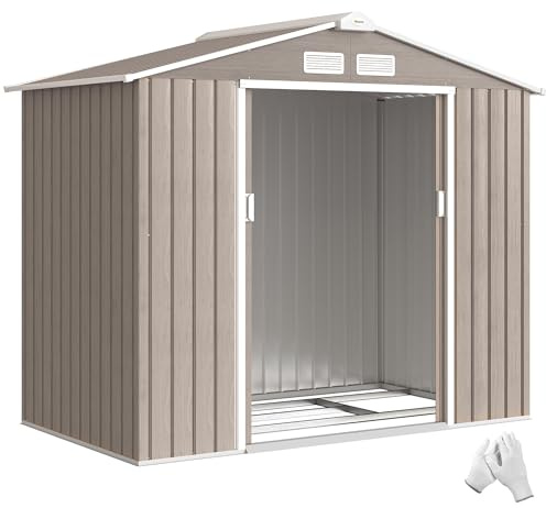 Outsunny Abri de Jardin en métal 2,77 m² cabane de Jardin 213 x 130 x 185 cm cabanon Rangement Outils avec kit de Fondation, Porte coulissante verrouillables et 4 aérations - Marron Clair