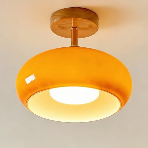 Jatwefiv Retro Deckenlampe Rund Glas Vintage E27 Deckenlampe Holz Orange Lampenschirm Mid Century Leuchte Hängelampe Halbbündige Deckenleuchte Wohnzimmer Schlafzimmer Küche Flur