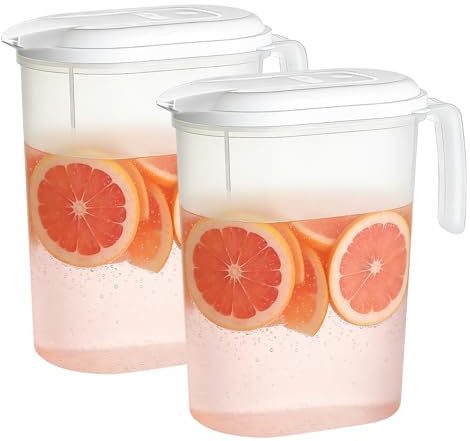 PORFOYO 2er Set Wasserkanne Kunststoff, Wasserkrug mit Deckel 1800ML, Saftkanne mit Skala, Kunststoffkrug BPA-frei, Kalt & Heiß, Transparente Karaffe für Getränke
