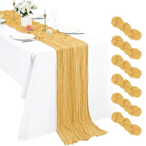 Pesonlook 6er Set Gaze-Tischläufer für Hochzeiten, 55 x 300 cm, Gold | Weiche Polyester-Gaze in Käsetuch-Optik mit lockerem Faltenwurf für Boho-Tischdeko, Geburtstage, Partys und Hochzeitsbögen