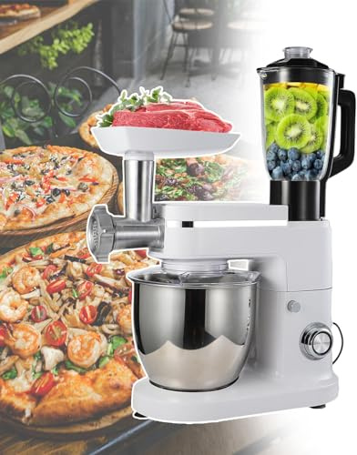 BOOZXCV Batidora de pie con picadora de Carne, batidora de Cocina, Cuerpo con Borde de Metal ABS, Perilla electrónica, Ajuste de 6+P velocidades, tazón Mezclador de Acero Inoxidable (White)